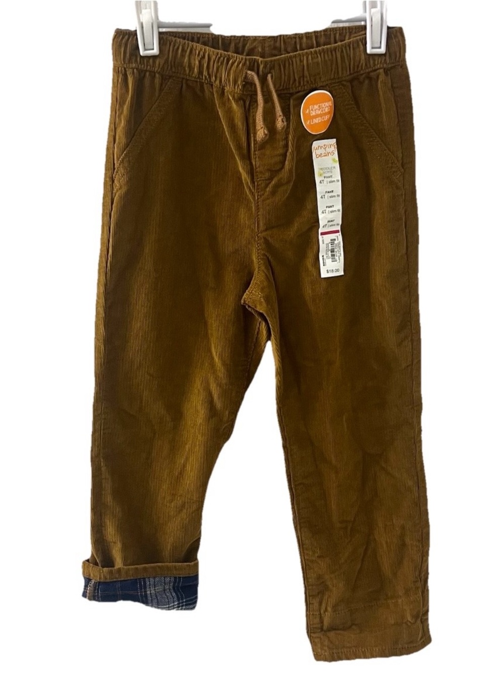 Jumping Beans Boys Cotton Brown Corduroy Pants Lined Cuff New With Tag Sz 4T